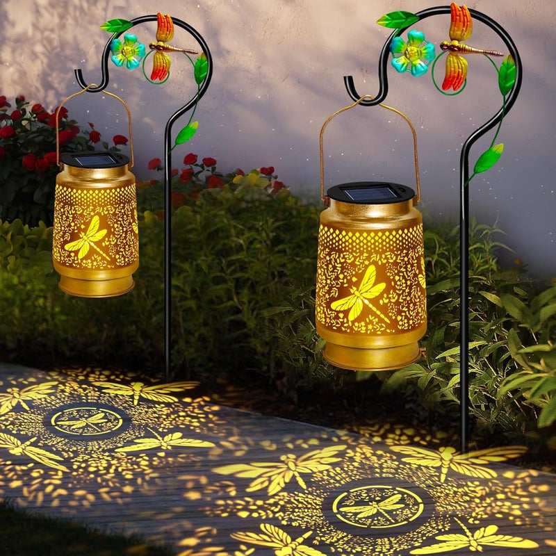 EDOF 2 Packs Dragonfly Solar Lanterns Outdoor Waterproof with Shepherd Hook,Hanging Solar Lights Garden Decor,Christmas Decorations Dragonfly Gift for Women Grandma,Metal Decorative Lanterns for Yard,Patio - Image 1